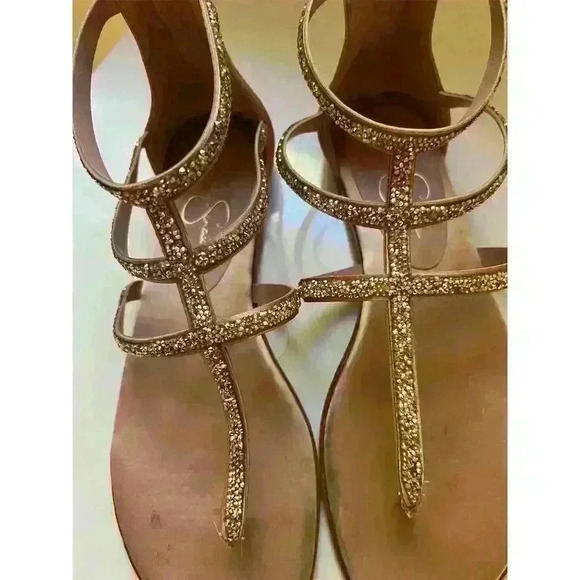 Jessica Simpson Cammie Splittoe Ankle Strap Sandal Gold Size 7.5 Beaded - Picture 4 of 9
